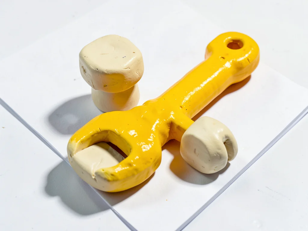 Industrial chunky clay wrench set with chunky primary-yellow handles and stubby 