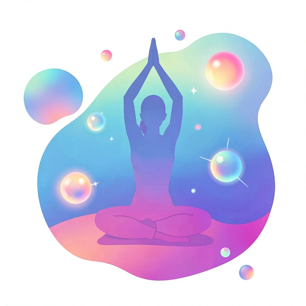 Organic blob gradient illustration, yoga pose silhouette with energy orbs , soft