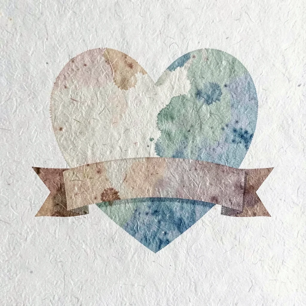 Two-color riso of a heart-and-banner motif with raw paper grain