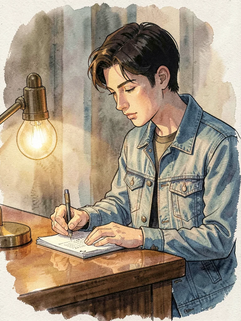 Lamp-lit portrait of a young saver opening a first account at a polished counter