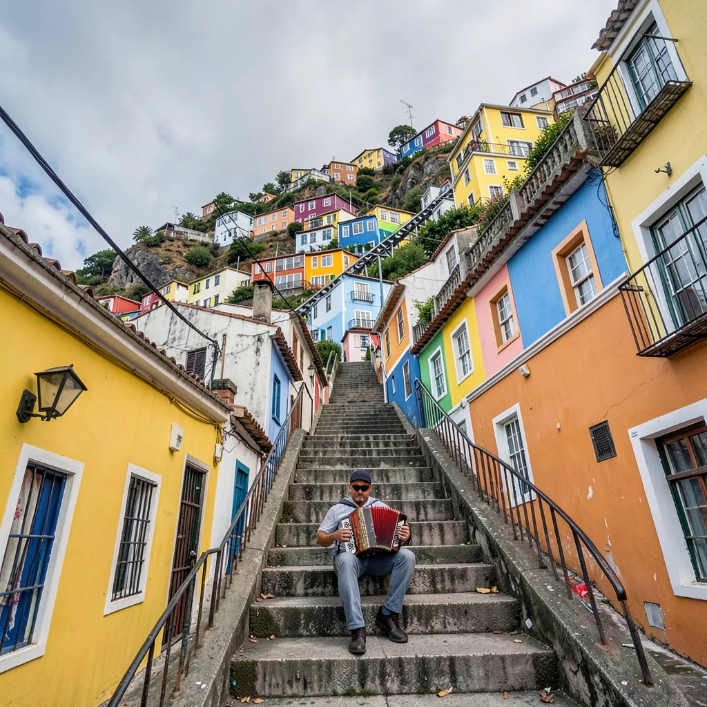 Valparaiso hillside color, painted houses climbing, Accordion player seated on c