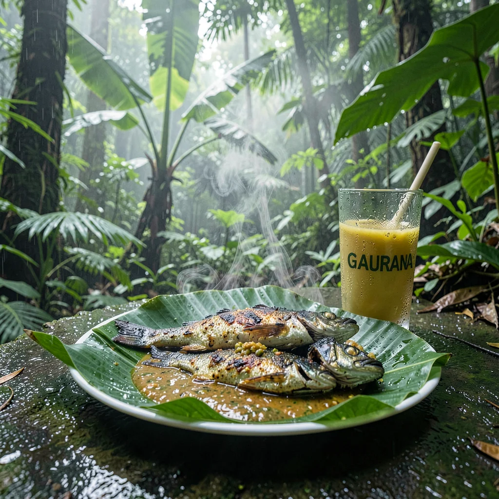 Tropical rainforest photograph, humid jungle atmosphere, A plate of grilled fish