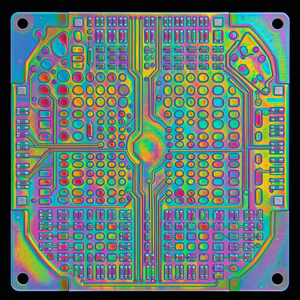Analog circuit die, organic-looking layout with varied component sizes, resistor