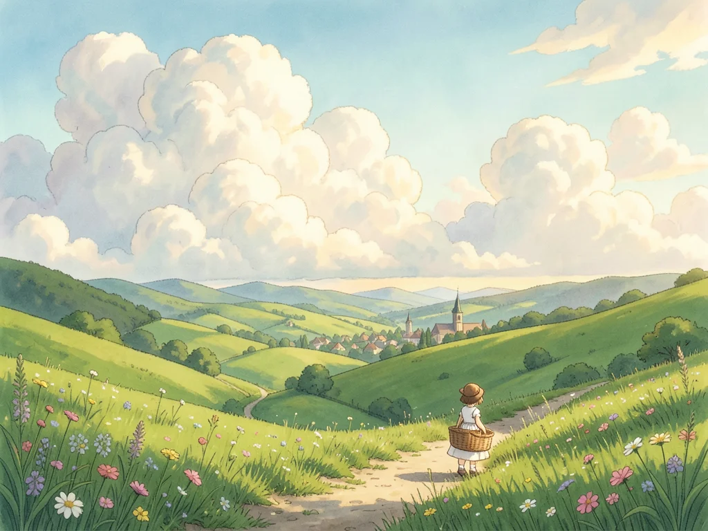 A tiny figure in a white dress carrying a wicker basket along a winding path thr