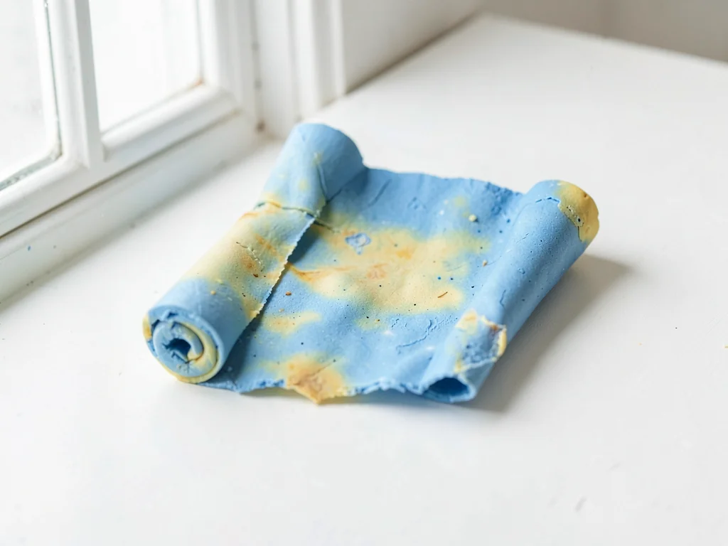 Yellowing faded-blue scroll of paper with thumb-pressed creases along its roll a