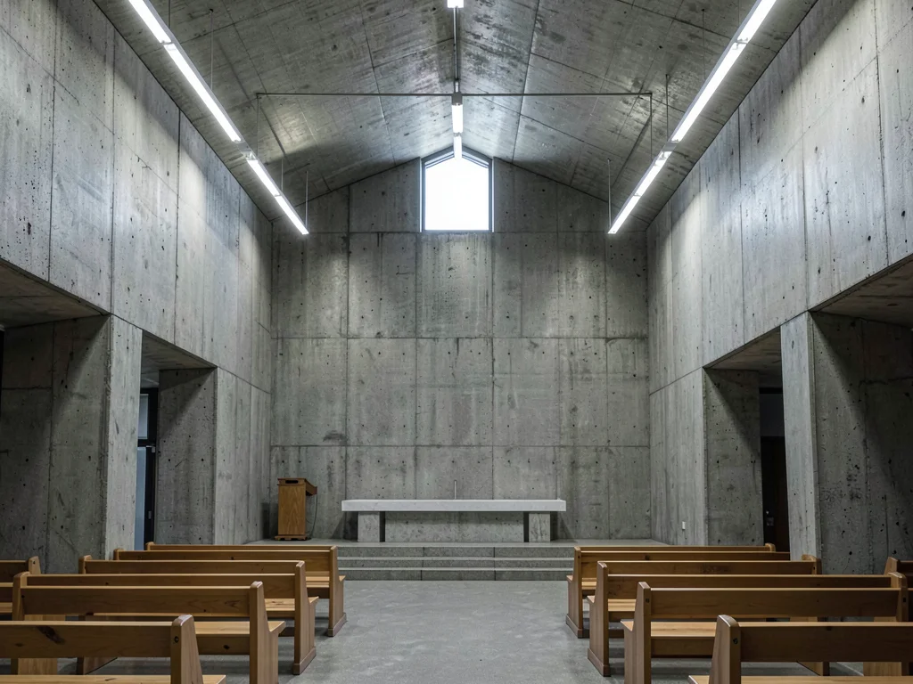 A brutalist church interior — raw concrete altar wall, plain wooden pews, single