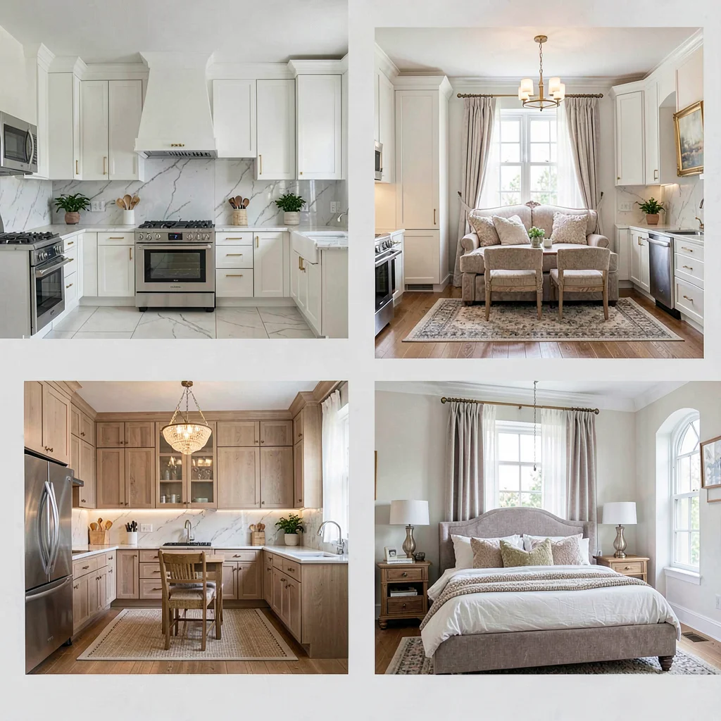 Catalog top-down of room kits — kitchen, parlor, bedroom — separated tidily