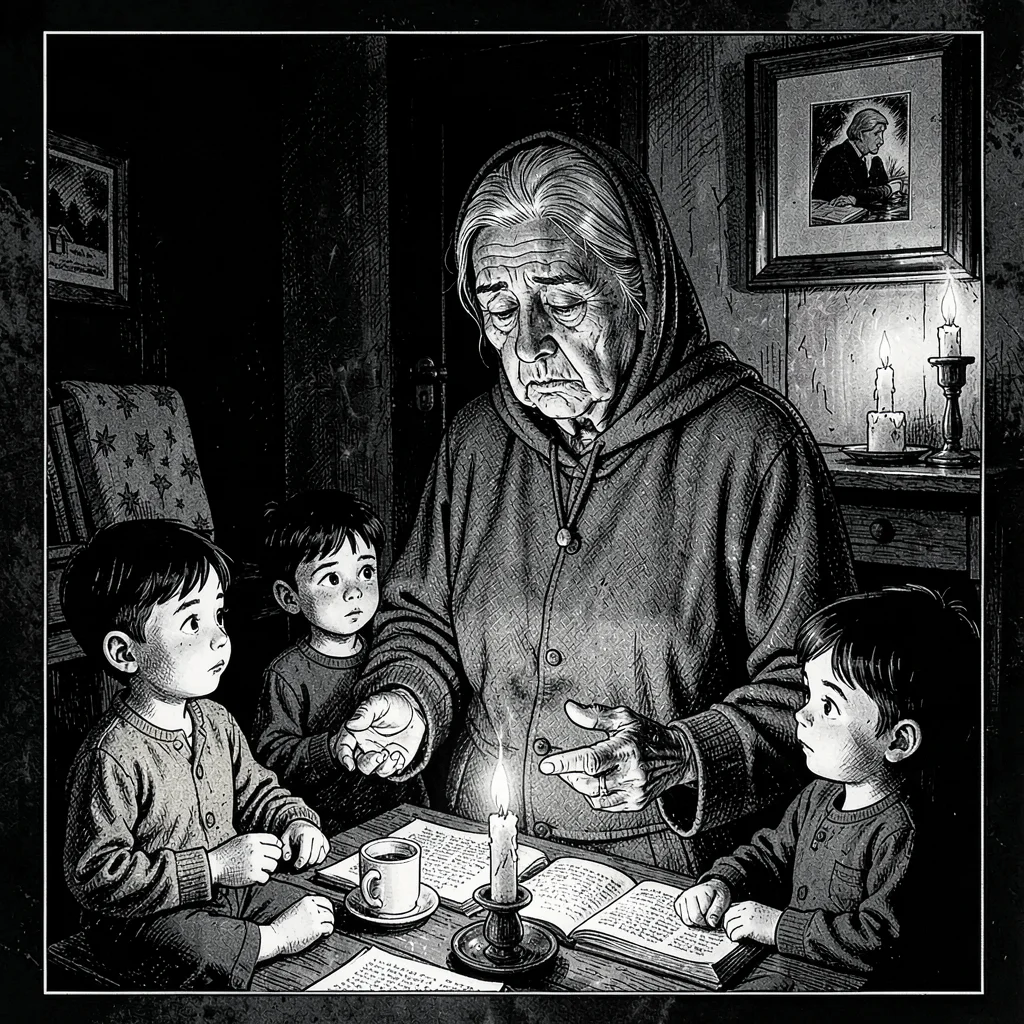 Grandmother storytelling by candle