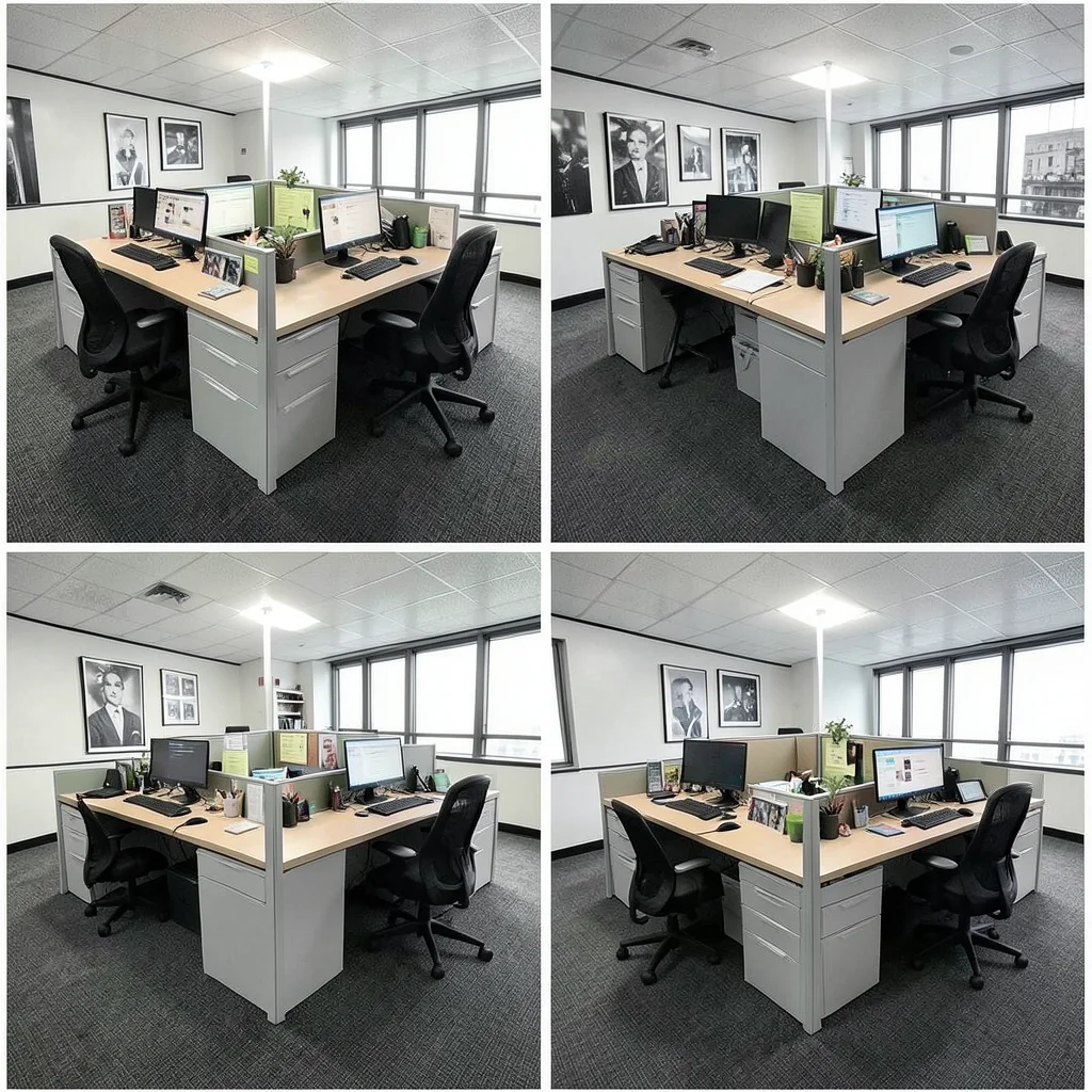Office cubicle in Warhol repeated grid, four color variations, same scene