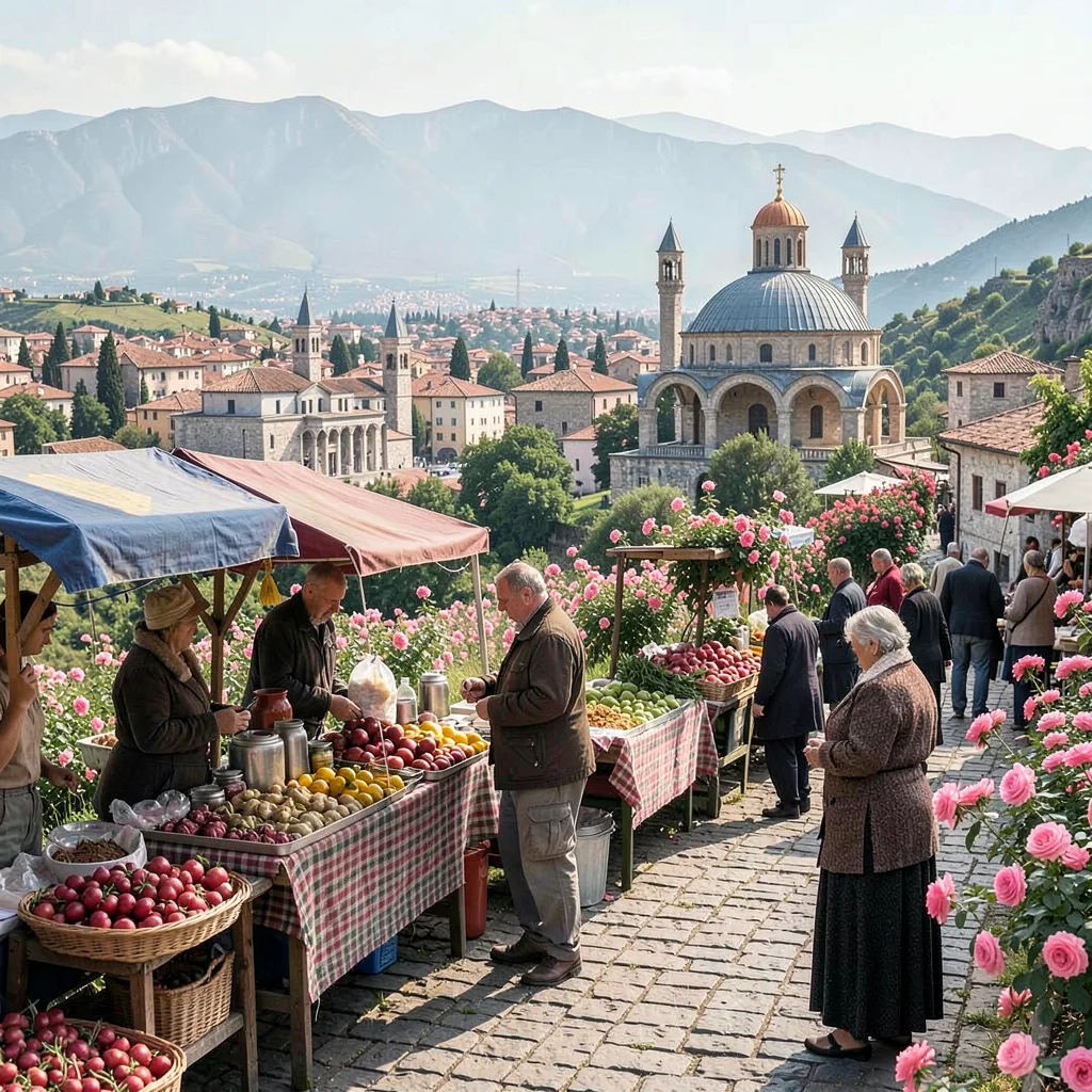 Historical layers visible simultaneously in Plovdiv, Bulgaria, market stall with