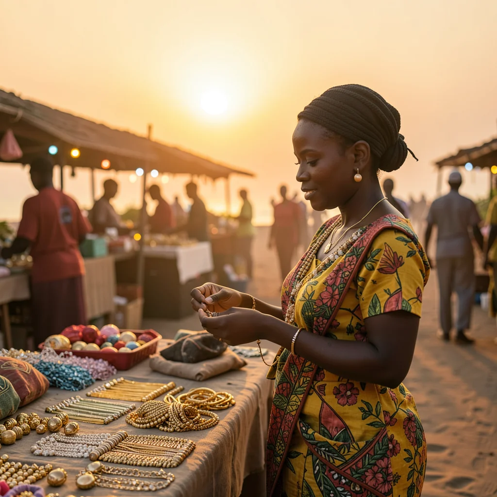 Peachy golden Dakar sunset light through sea haze, Woman selling jewelry at Soum