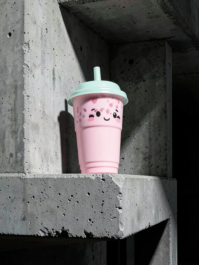 Pink bubble tea on brutalist building ledge, board-formed concrete texture, star