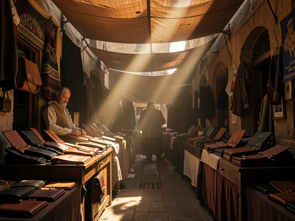 Leather goods displayed with single dramatic light shaft across burnished surfac