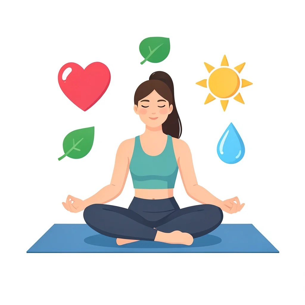 A woman meditating on a yoga mat surrounded by floating wellness icons: heart, l
