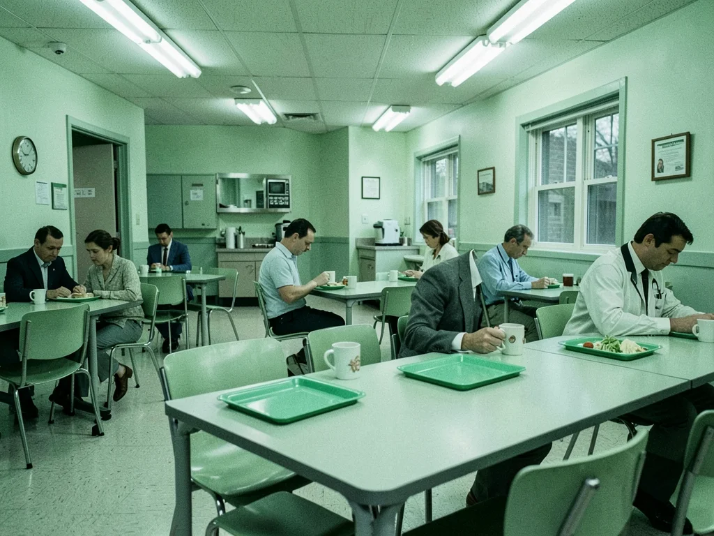 Hospital cafeteria with green trays, institutional dining, healthcare eating