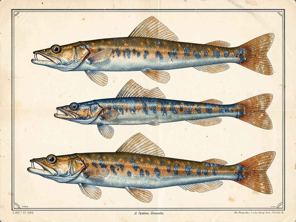 A taxonomic plate of three deep-sea anglerfish drawn from above and side with de