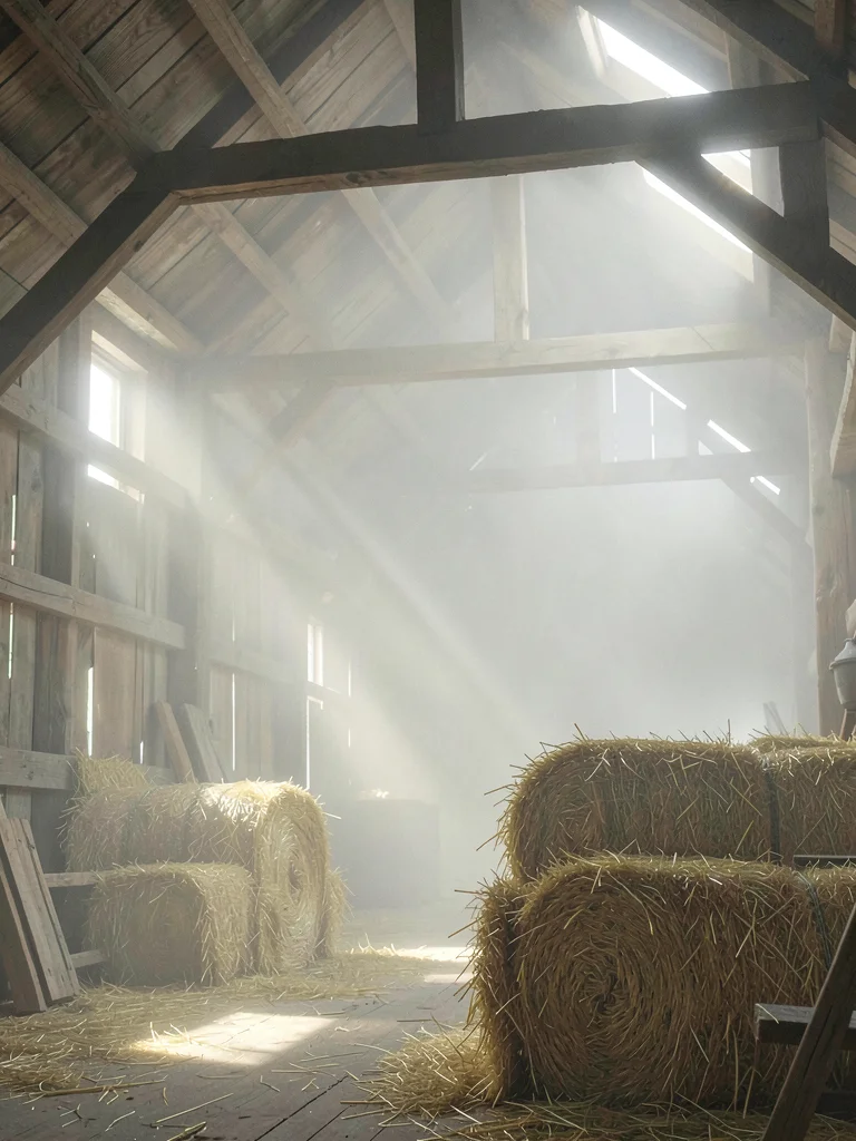 Barn interior with shafts of light through plank gaps, hay bales stacked at the 
