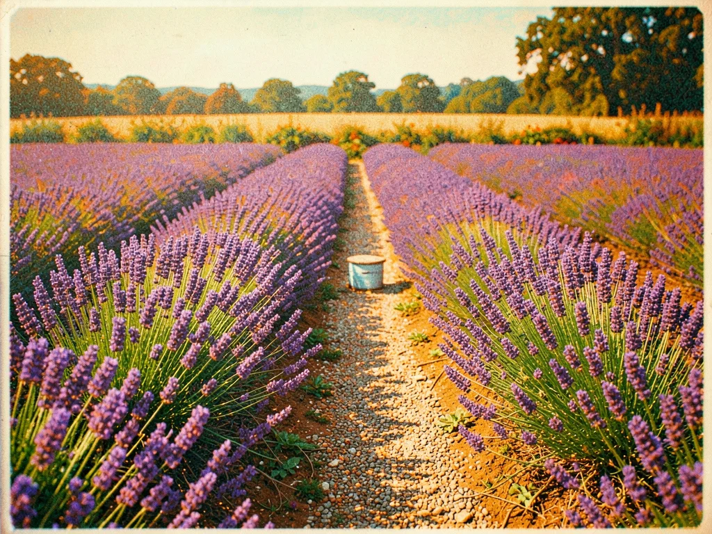 A lavender field in rows with a beehive at the end of one row and a gravel path 