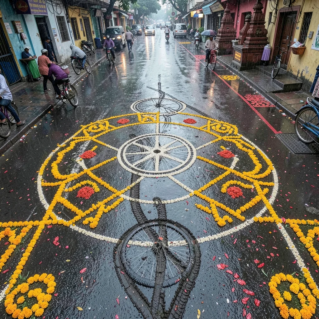 Looking down at Chennai's overlooked patterns, Bicycle wheel tracks cutting thro