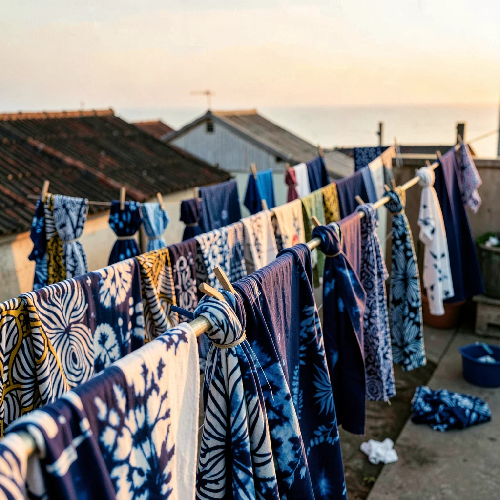 Saturated textile-rich photograph, Rows of tied fabric bundles drying on line af