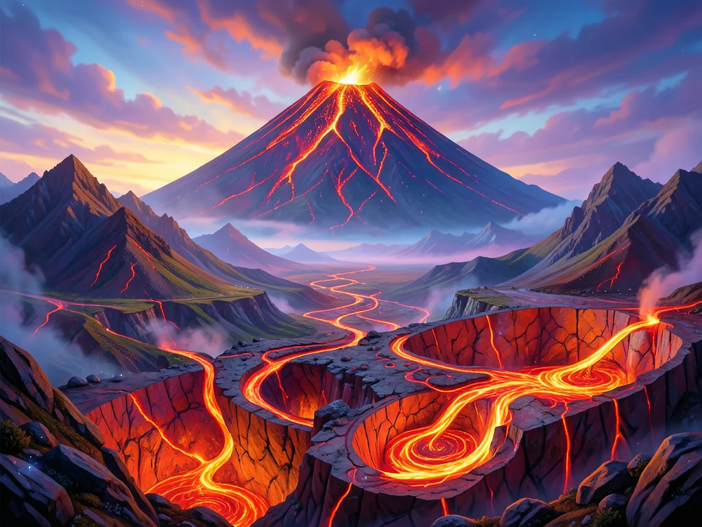 Volcano photograph merging into geological cross-section illustration, magma cha
