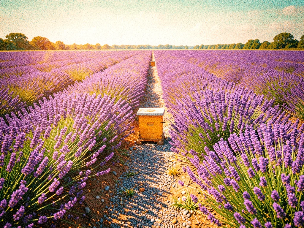 A lavender field in rows with a beehive at the end of one row and a gravel path 