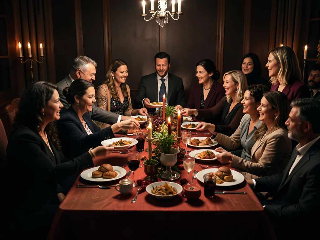 Large family gathered around thanksgiving table, passing dishes, warm lighting