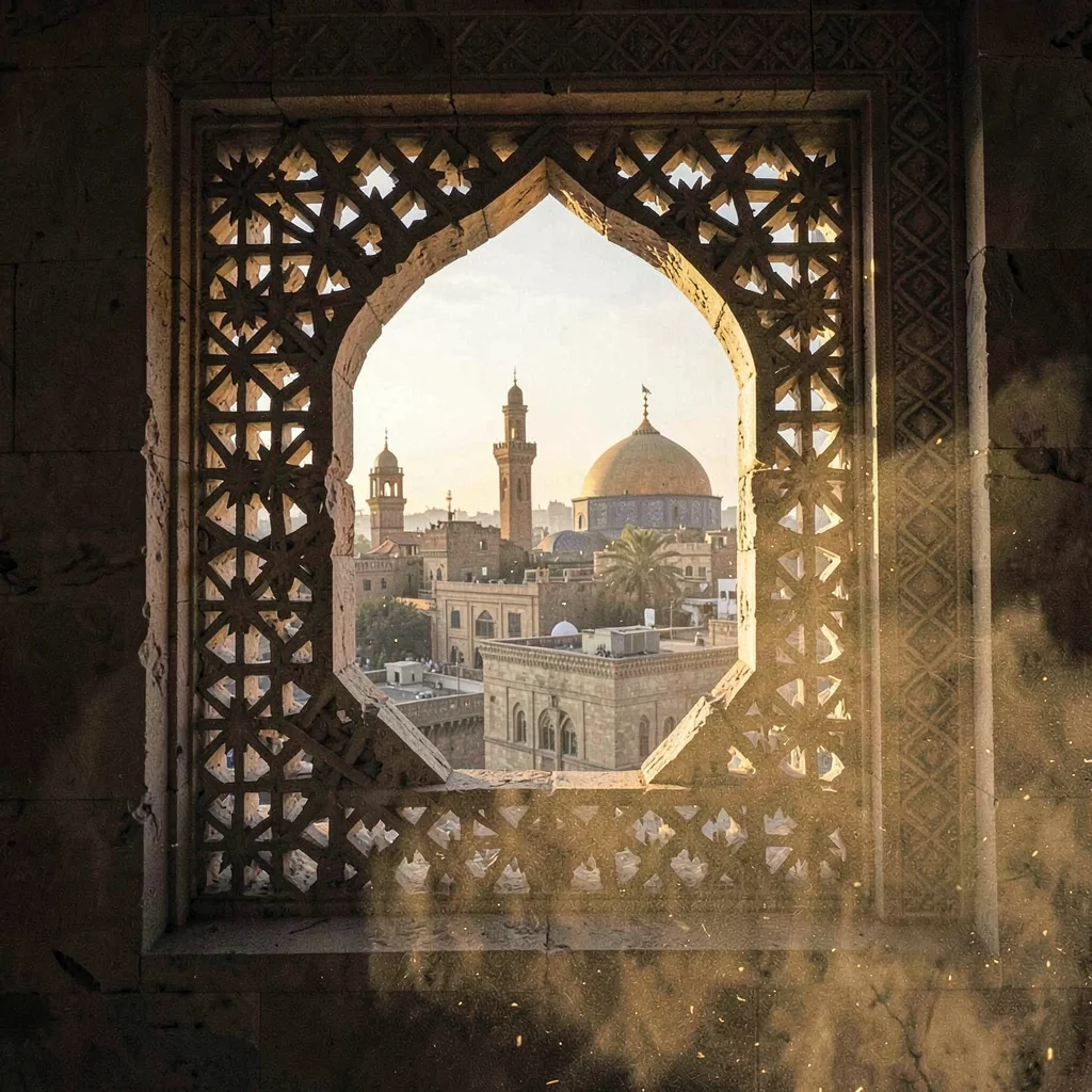 Islamic Cairo geometry, medieval city light, carved stone window frame, geometri