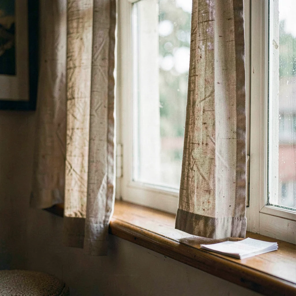 intimate window seat with linen curtains and a paper stack on the sill