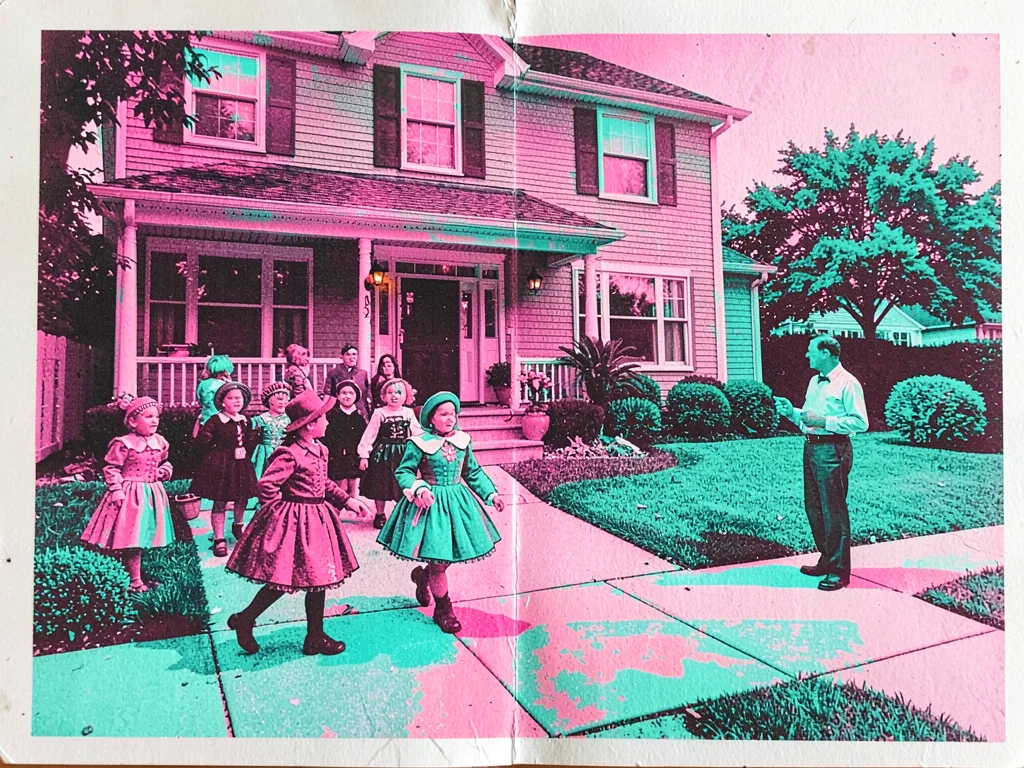 Trick-or-treaters costumed and walking up a tract-house driveway with one parent