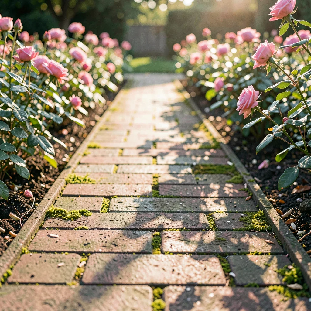 Detail of a brick path with mossy seams between rose beds, raking afternoon ligh