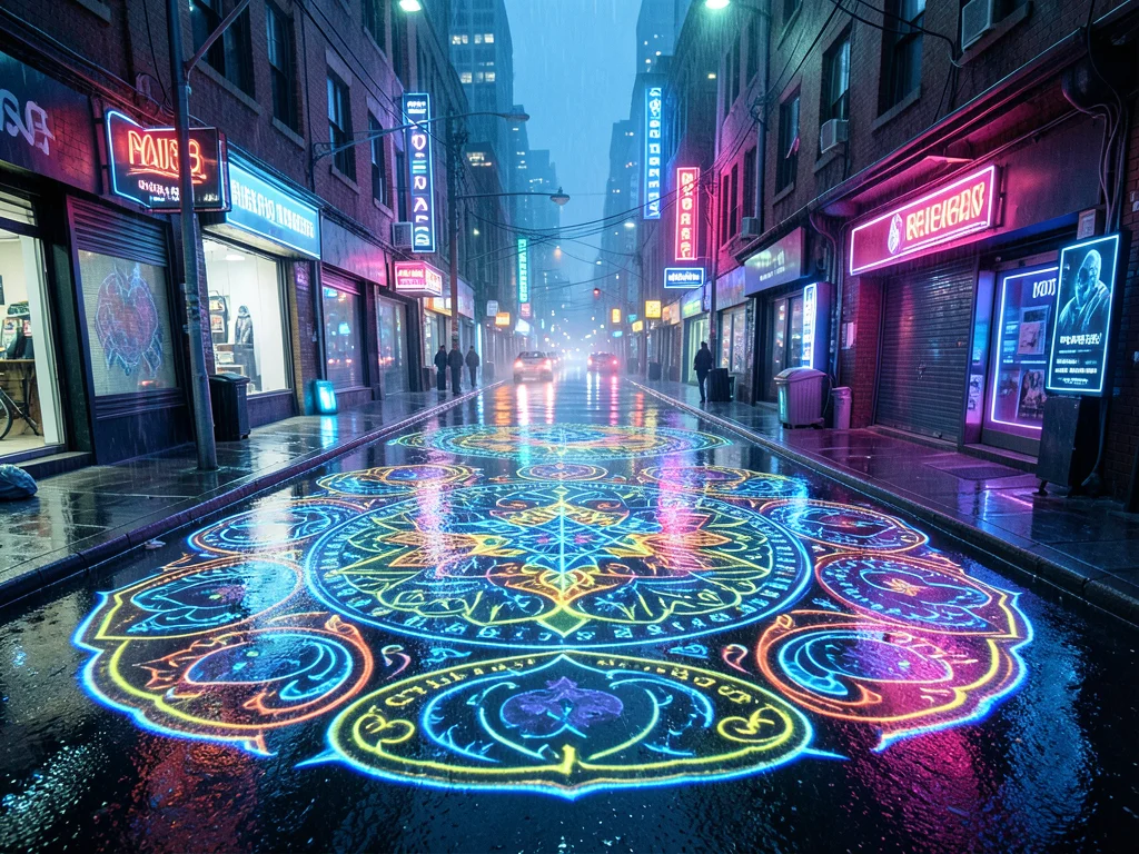 Holographic rangoli patterns projected on wet cyberpunk street, neon reflections