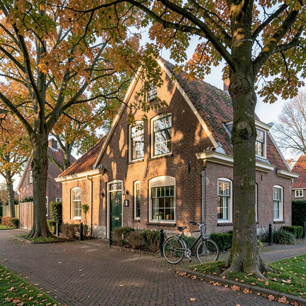 a Dutch farmhouse at clear morning, brick gable warmed by sun, a single bicycle 
