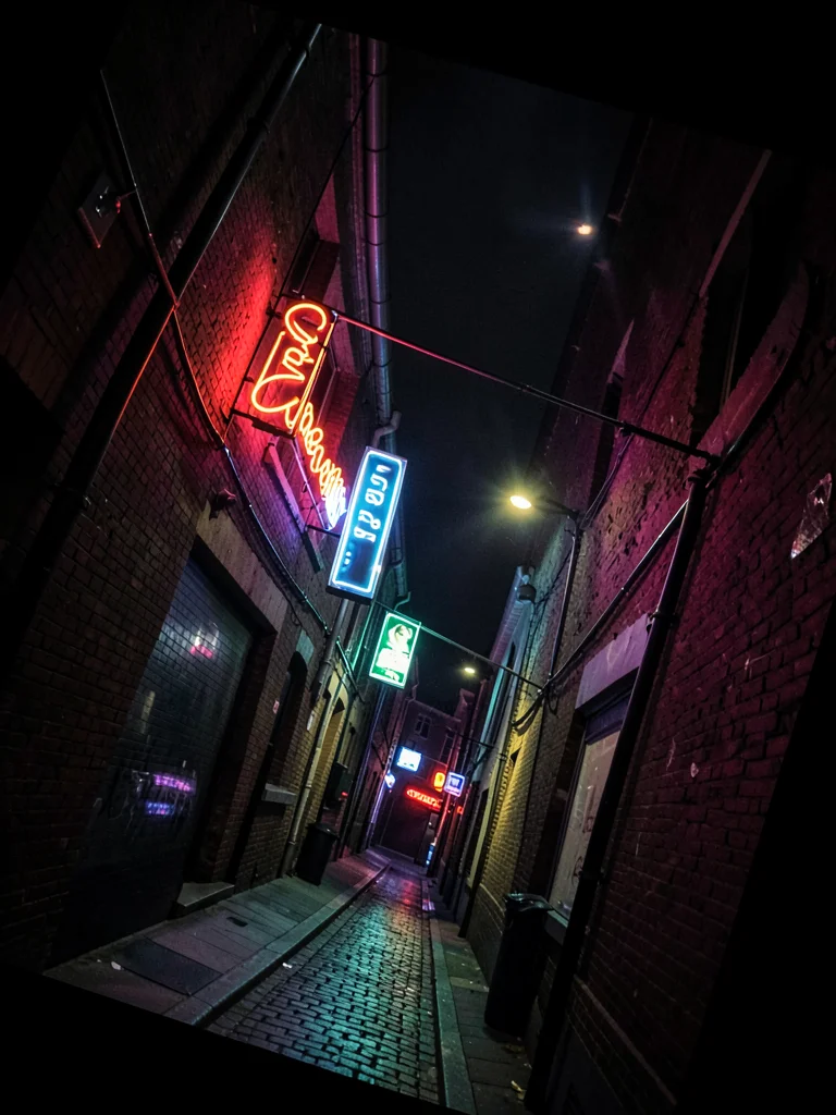 Night alley with neon signs