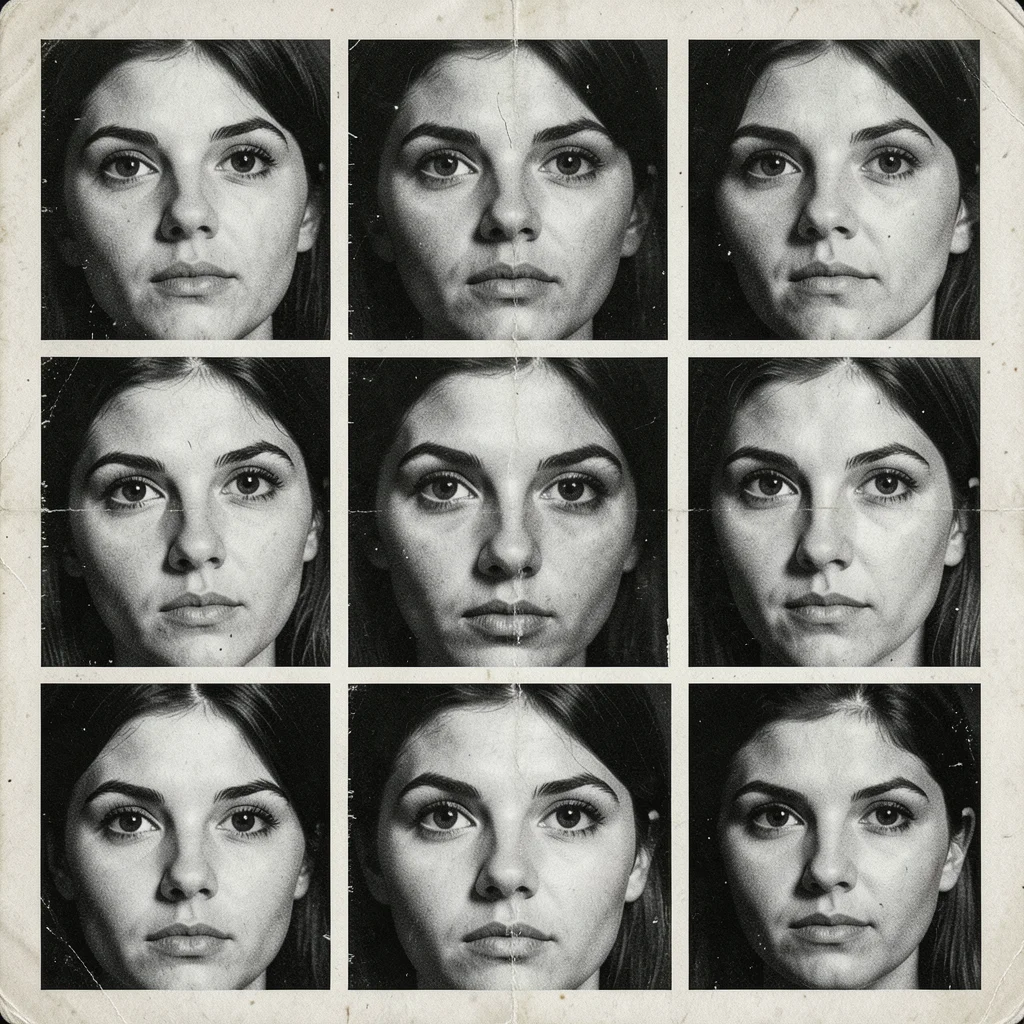 Eyes cut from six different magazine portraits arranged in a grid, photocopied t