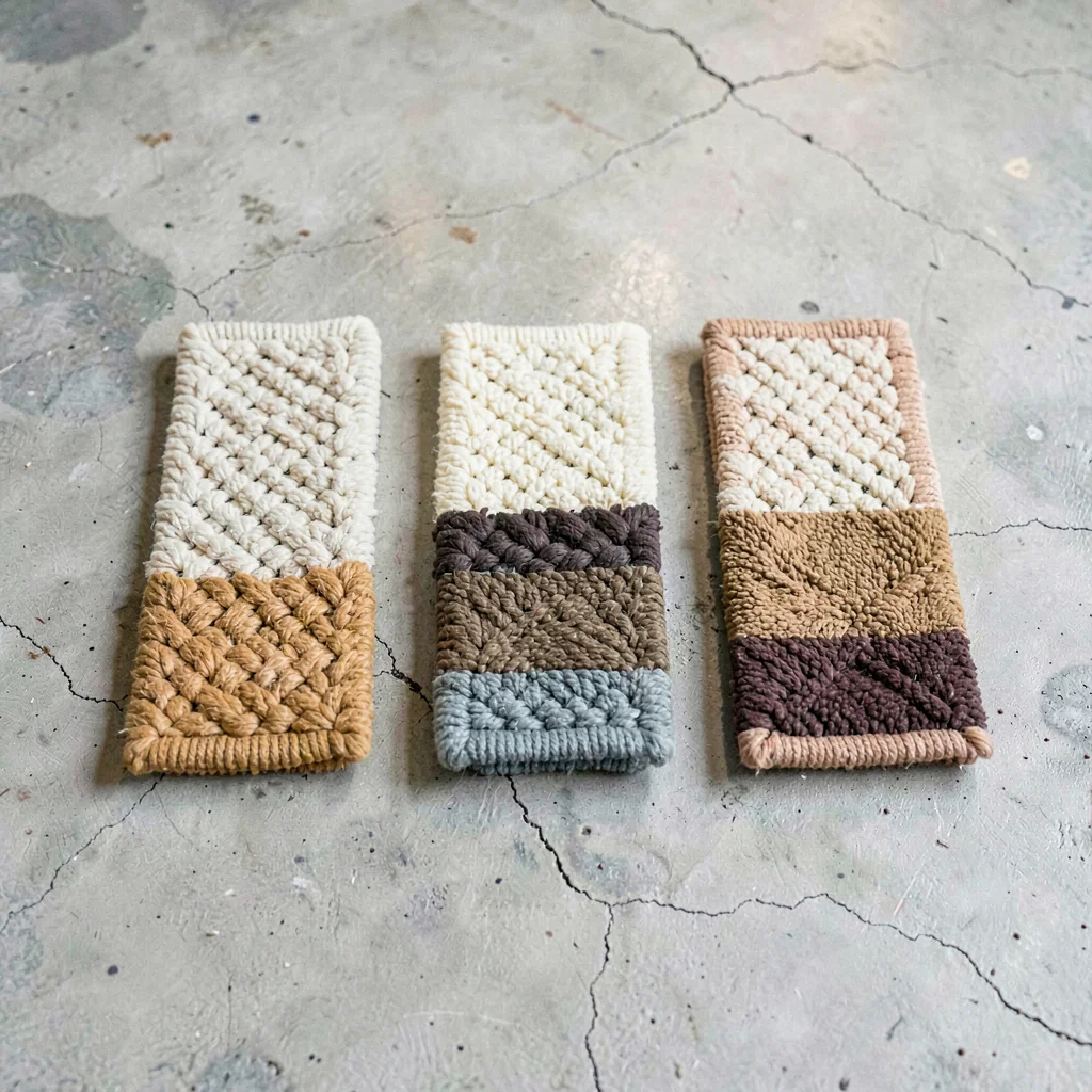 Sculptural lineup of five rug knot samples in graduated densities on chalky conc