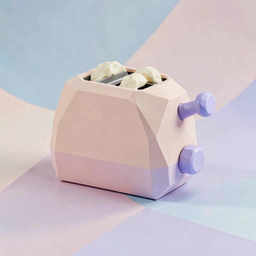 Slotted peach lowpoly toaster with chunky cream slots and a lavender lever, on c
