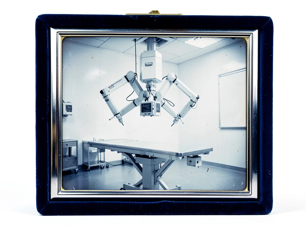 A surgical robot with four articulated arms suspended over an empty operating ta