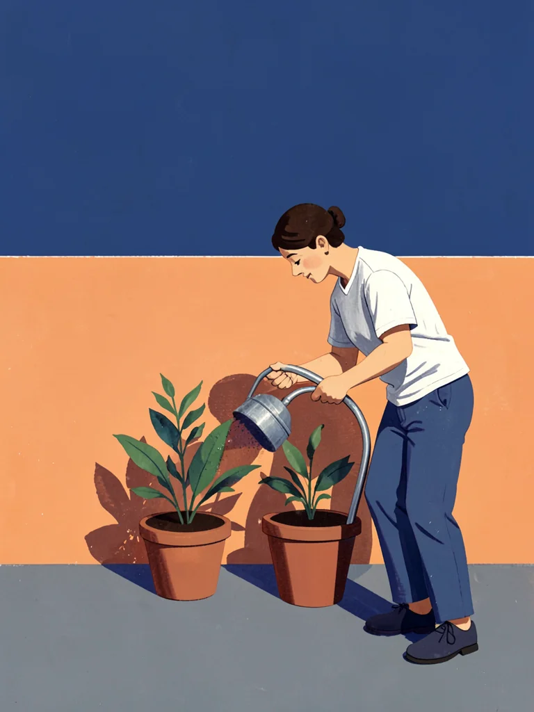 Person watering plants on a balcony, flat orange wall and deep blue sky