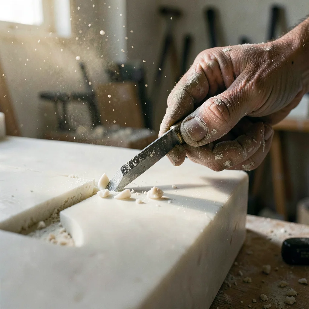 Documentary-style photograph, natural and observed, Italian marble sculptor's wo