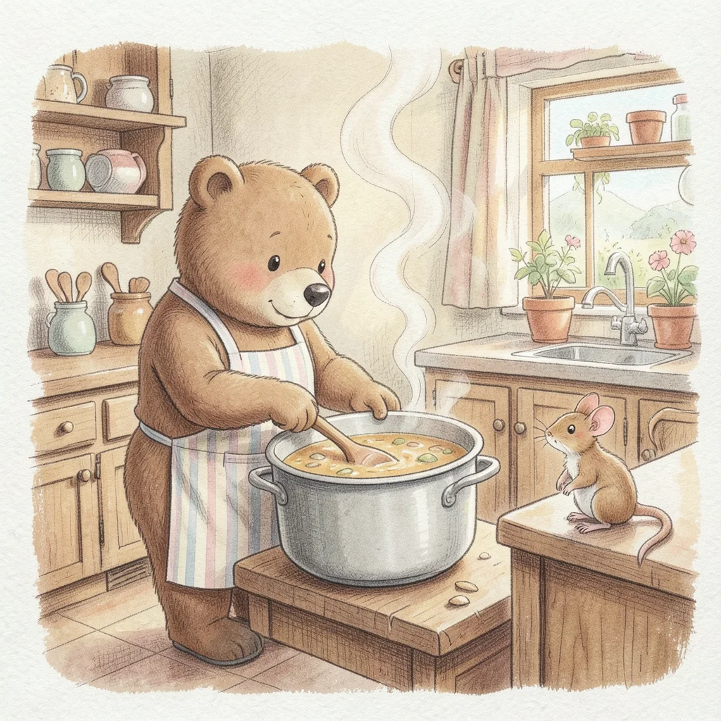 A bear in a striped apron stirring a big pot of soup in a cozy kitchen, steam cu