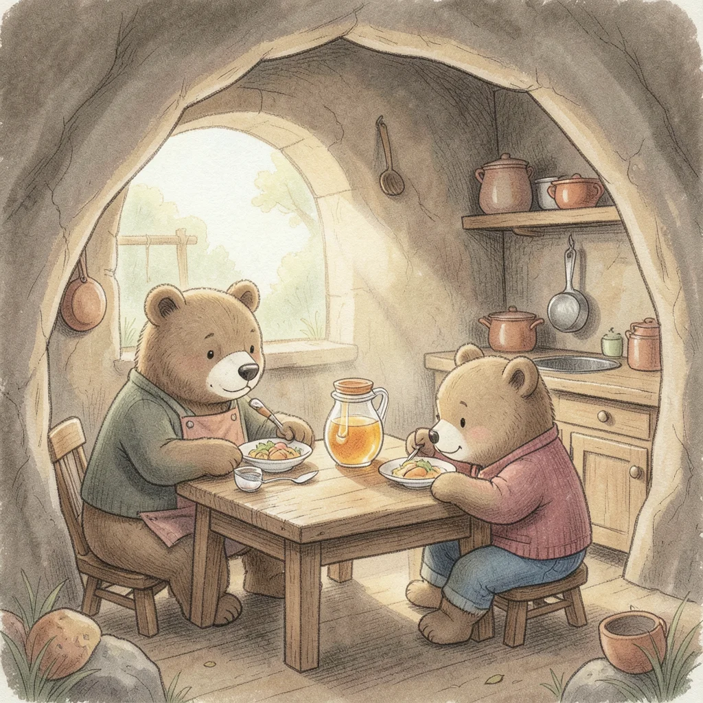 A bear family having breakfast in a cozy cave kitchen, honey jar on the table, s