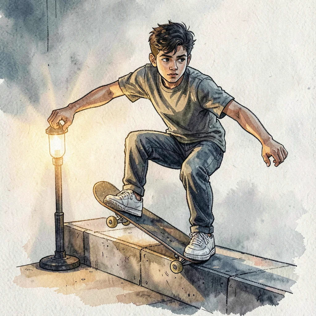A determined Persian skateboarder teen mid-trick on a curb, lamp warmth catching
