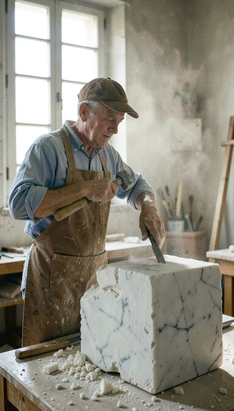 Documentary-style photograph, natural and observed, Italian marble sculptor's wo