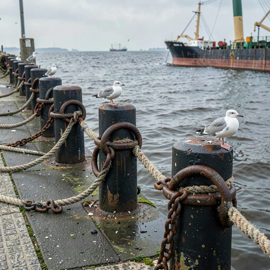 Port city documentary photograph, A row of bollards on a quay edge, worn smooth 