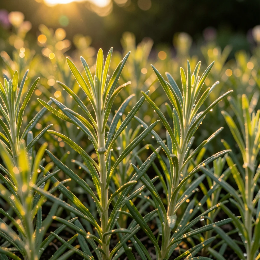 Tarragon's narrow leaves in a fan arrangement, the subtle sheen of the leaf surf
