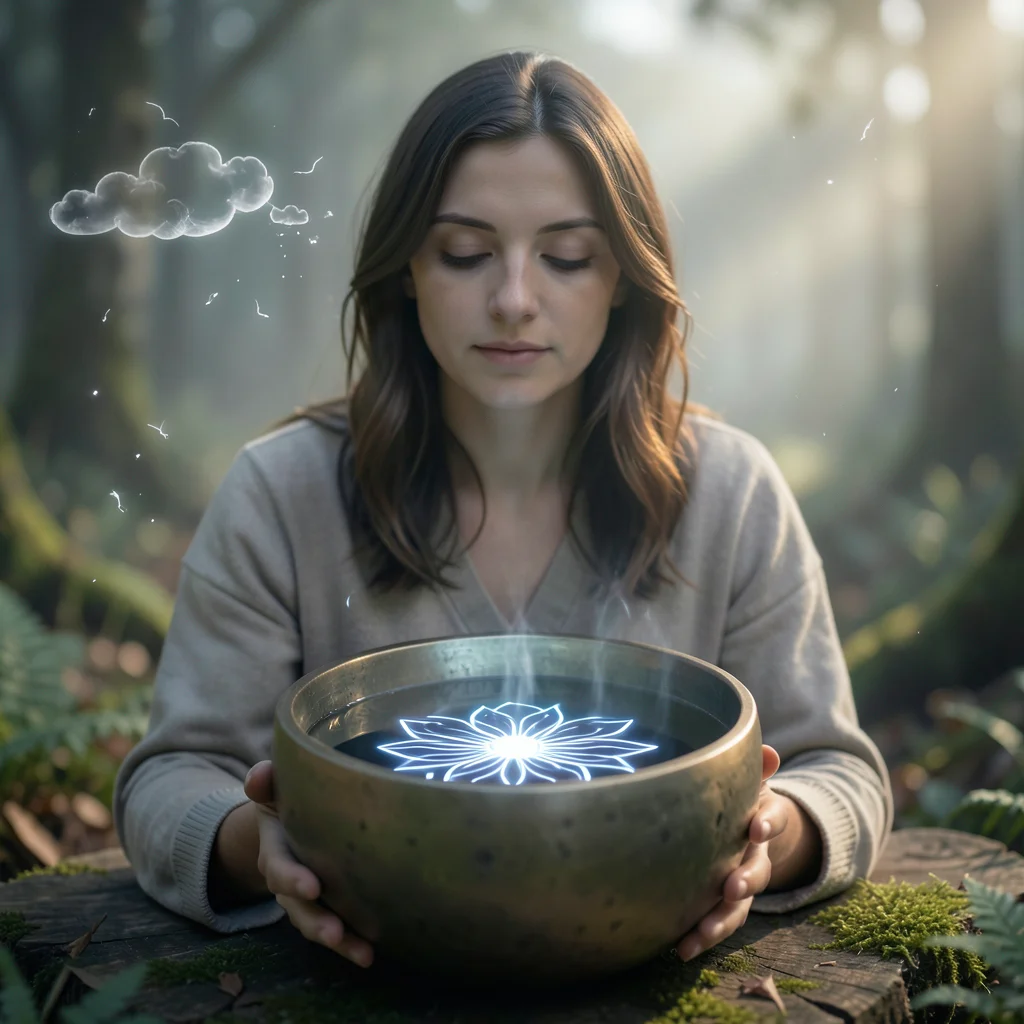 Singing bowl filled with water, vibration creating standing wave flower pattern 