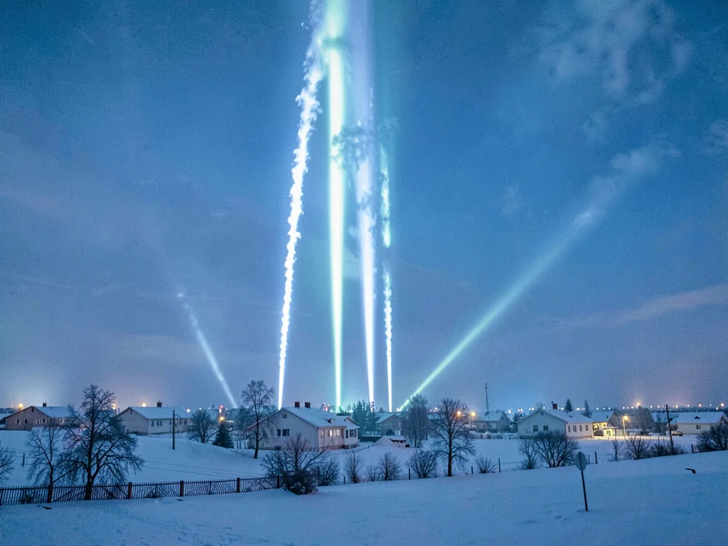 Multiple light pillars from village in extreme cold