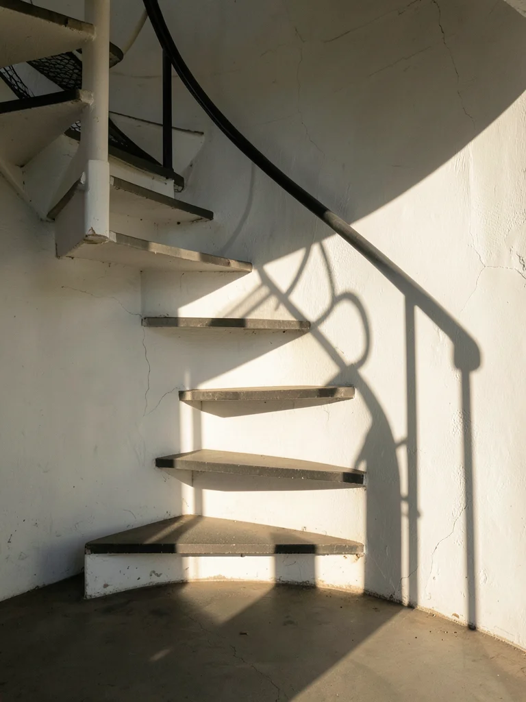 The shadow of a spiral staircase cast onto the interior wall of a lighthouse, th