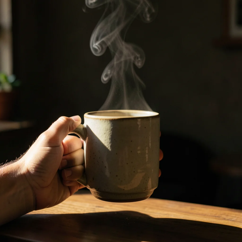 A hand wrapping around a large handmade ceramic mug, morning light casting a lon